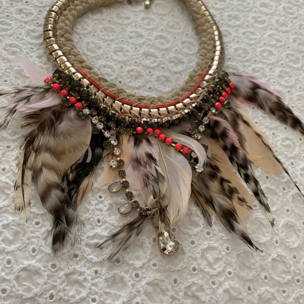 Express Feather Collar Necklace with rhinestones